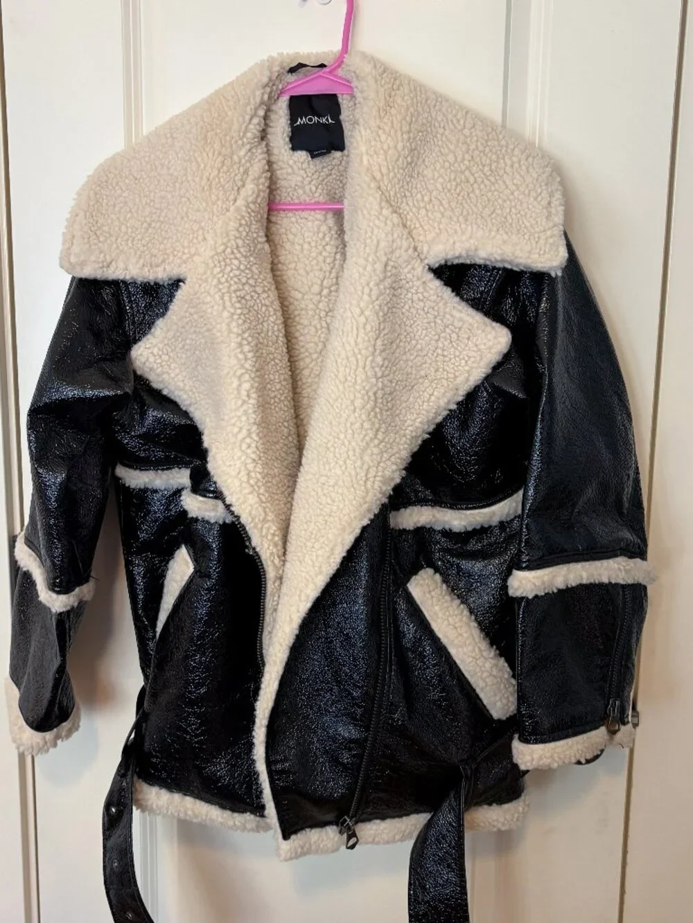 Monki Oversized Faux Leather with Shearling Aviator Jacket Size Small